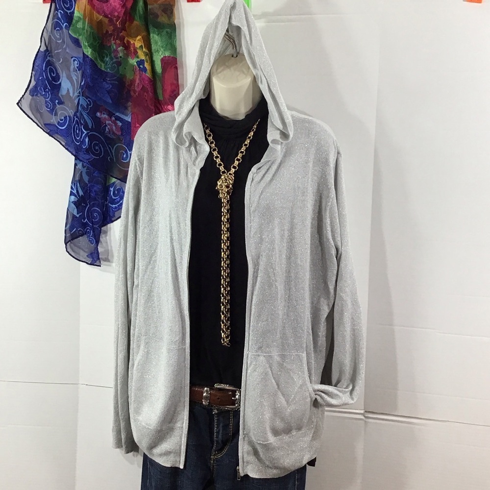 Chico's silver Metallic Knit hooded zip front cardigan XL